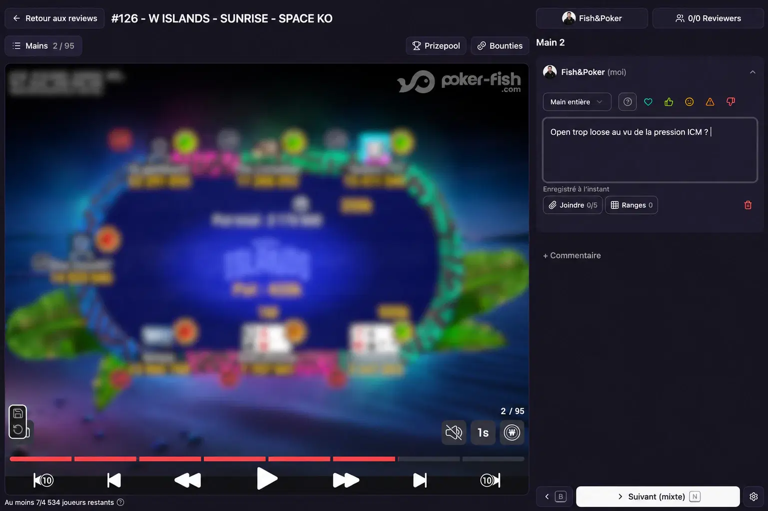 Review de tournoi Poker Fish : replayer Winamax, commentaire préflop, ranges et HUD historique sur une main